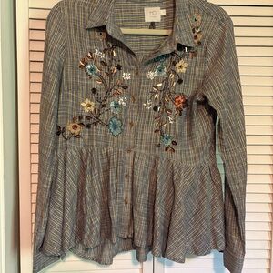 Anthropologie -HD in Paris Striped Embroidered Button-Front Peplum Blouse